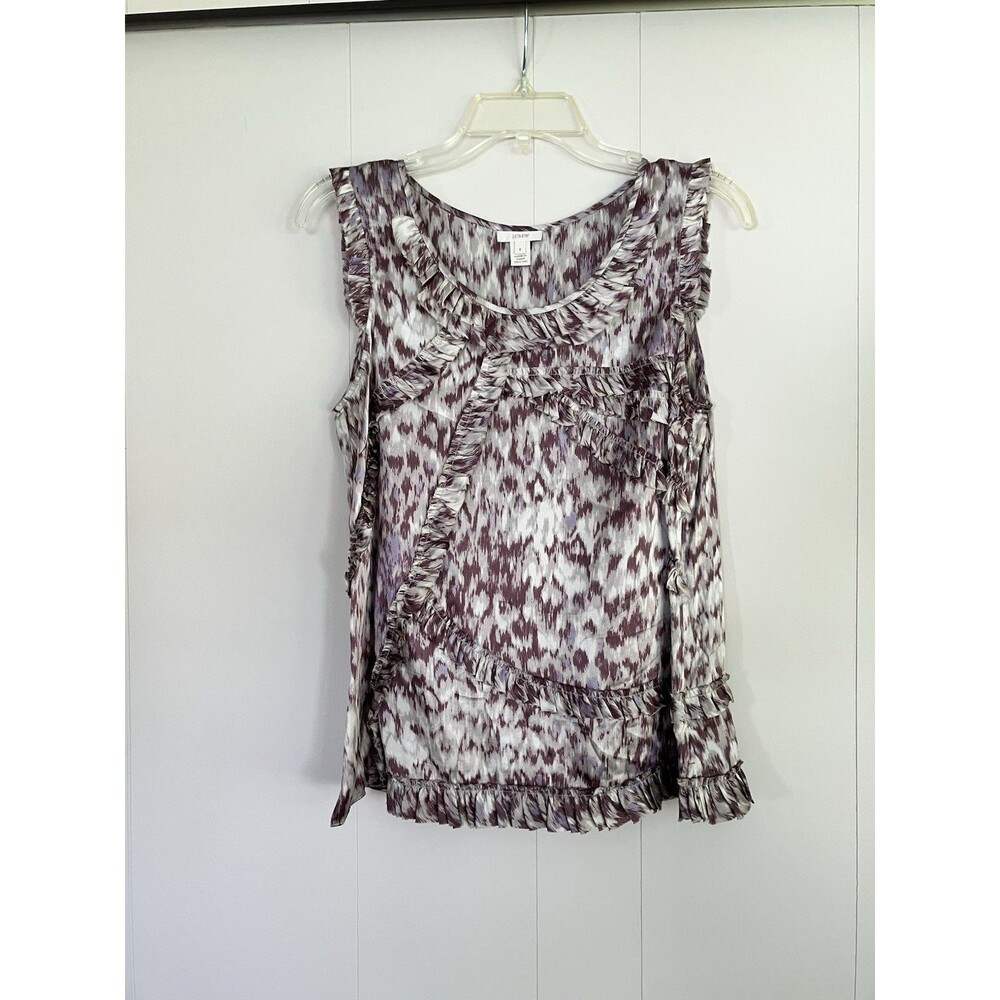 J.Crew 100% Silk Ikat Print Ruffle Sleeveless Shell Top Purple Taupe Size 8 EUC